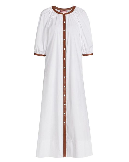 STAUD Vincent Faux Leather-trim Midi Dress in Ivory (White) - Lyst