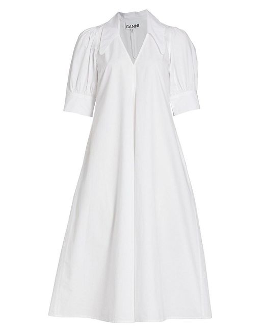 Ganni Poplin Cotton V-neck Maxi Dress in Bright White (White) | Lyst
