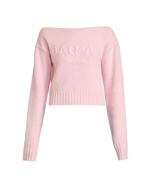 Balmain Wool Offtheshoulder Brushlogo Sweater in Rose (Pink) Lyst