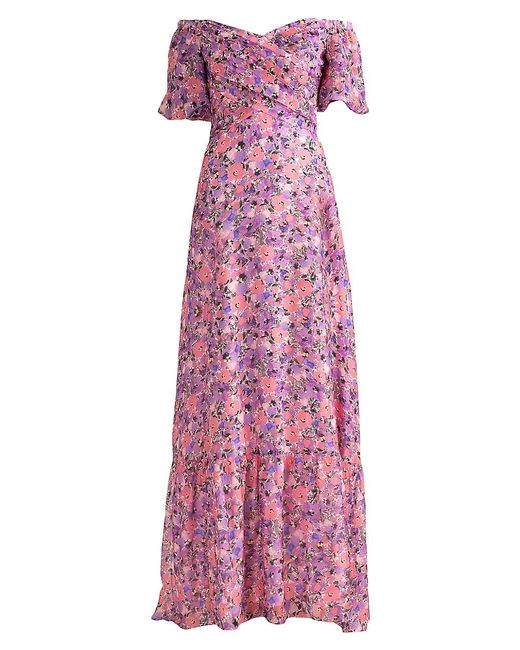 Shoshanna Silk Alexa Floral Print Off-the-shoulder Dress in Purple | Lyst