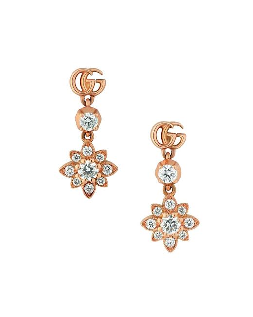 Gucci Pink Flora 18k Rose Gold & Diamond Drop Earrings