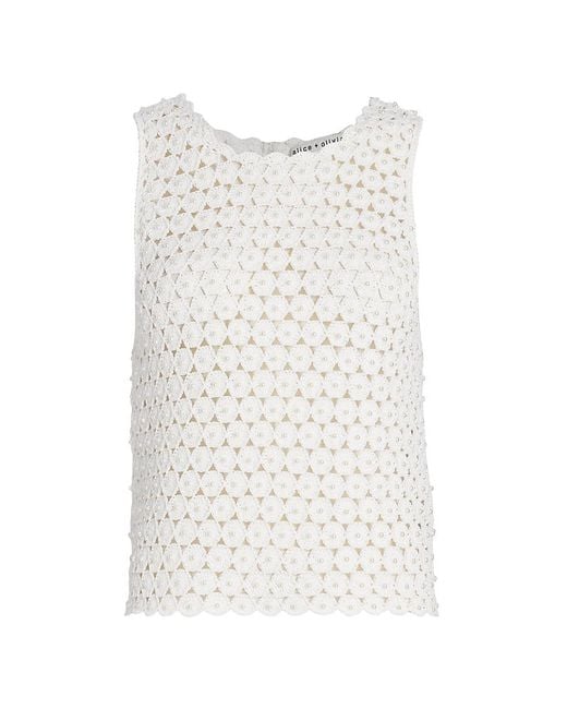 Alice + Olivia Linen Reva Pearl Crochet Top in Soft White (White) | Lyst