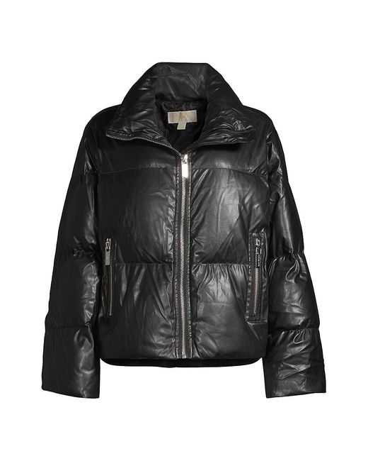MICHAEL Michael Kors Faux Leather Puffer Jacket in Black - Lyst