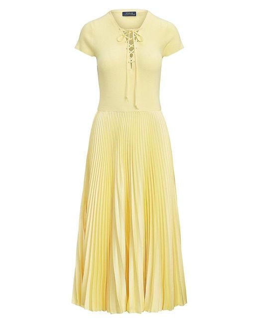Polo Ralph Lauren Synthetic Lace-up Pleated Midi-dress in Yellow | Lyst