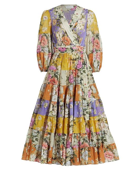 Zimmermann Pattie Patchwork Floral Cotton Wrap Midi-dress | Lyst