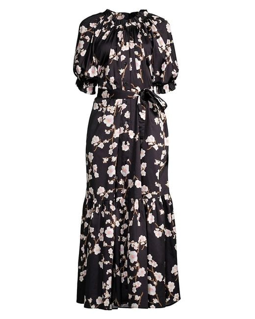 Cynthia Rowley Floral Gathered Midi-dress in Black | Lyst