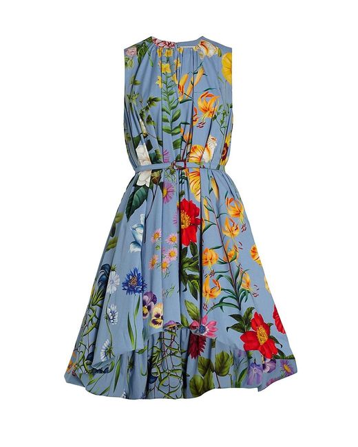 Oscar de la Renta Floral Cotton Bubble-hem Dress in Blue | Lyst