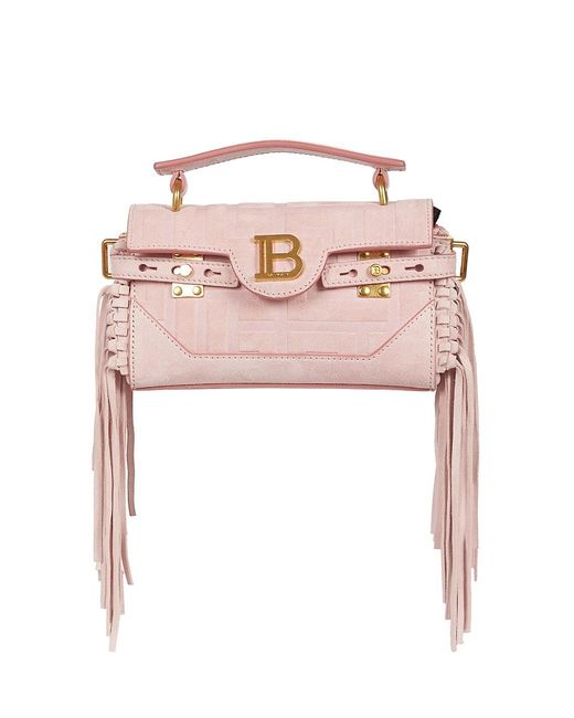 Balmain B-buzz 19 Fringed Suede Monogram Shoulder Bag In Pink | Lyst