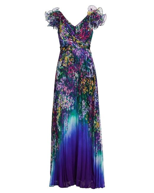 Marchesa notte Synthetic Floral Ruffle-sleeve Pleated Gown in Cobalt ...