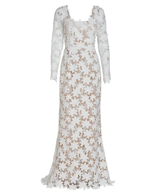 Oscar de la Renta Long-sleeve Floral-lace Gown in White | Lyst