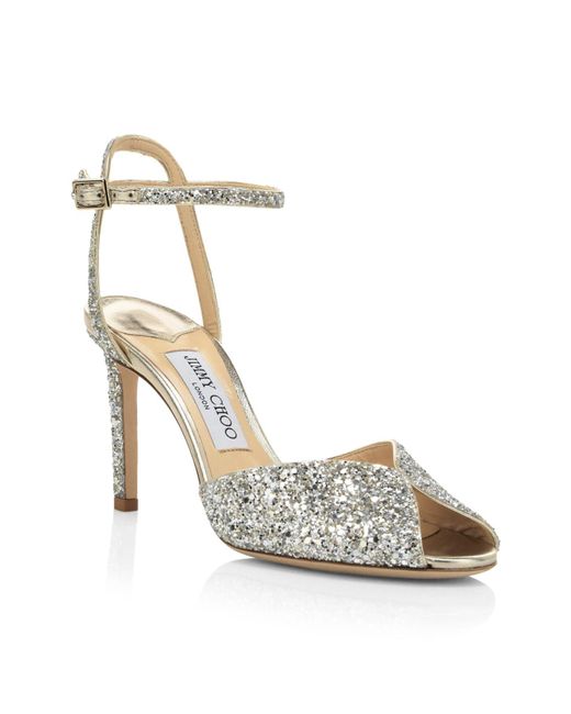 Jimmy Choo Leather Sacora Peep-toe Glitter Sandals in Champagne (Metallic) - Lyst