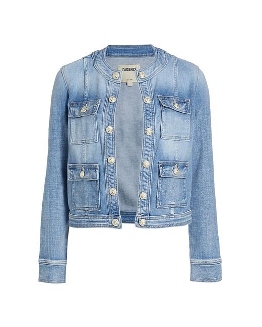 L'Agence Yari Collarless Denim Jacket in Blue | Lyst