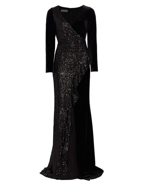 Teri Jon Sequin-embroidered Velvet Gown in Black | Lyst