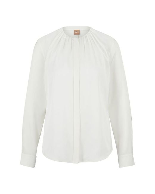 BOSS by HUGO BOSS Rushed-neck Blouse In Stretch-silk Crepe De Chine in  White | Lyst