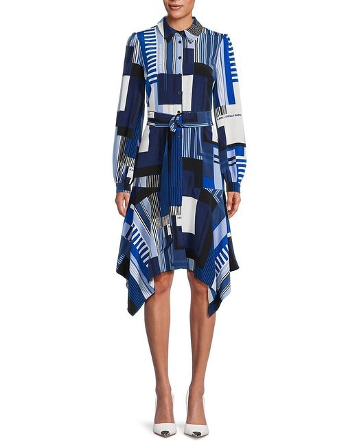 Karl Lagerfeld Blue Geometric Logo Midi Shirt Dress
