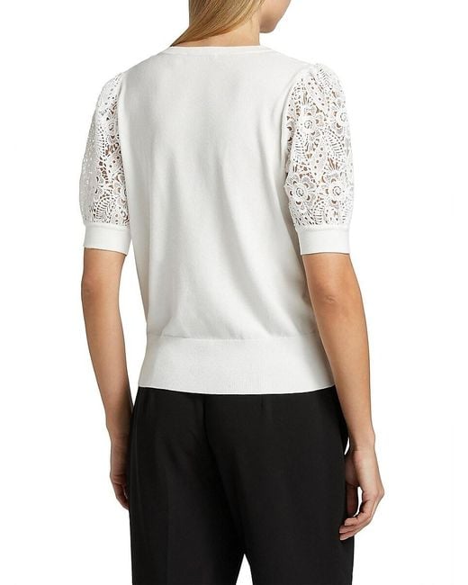 Tahari White Felicity Crochet-sleeve Sweater