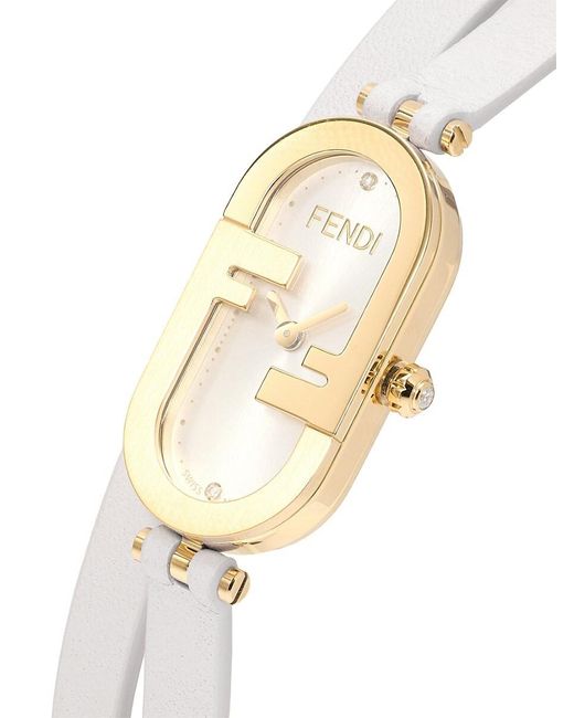 Fendi White O'lock 15mm Stainless Steel, Diamond & Leather Strap Watch