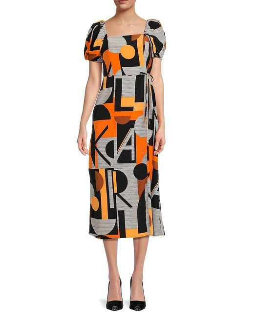 Karl Lagerfeld Orange Geometric Faux Wrap Midaxi Dress