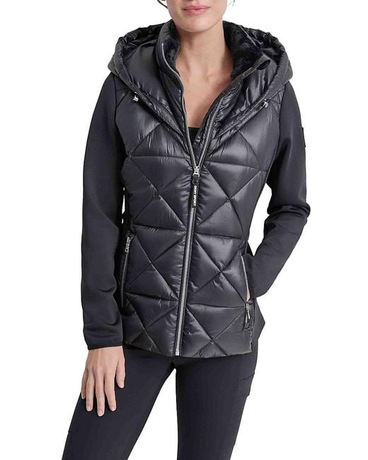 DKNY Gray Mixed Media Hooded Puffer Jacket