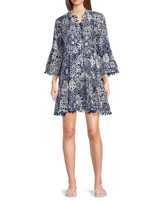 La Moda Clothing Blue Printed Cotton Mini Cover Up Dress