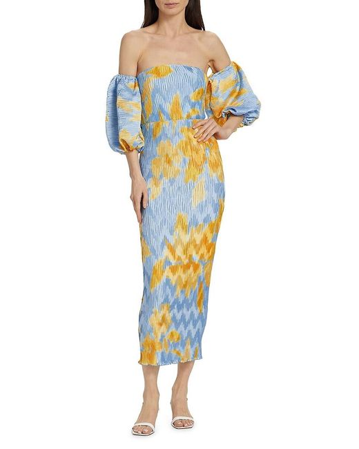 L'idée Blue Pleated Off-The-Shoulder Midi-Dress