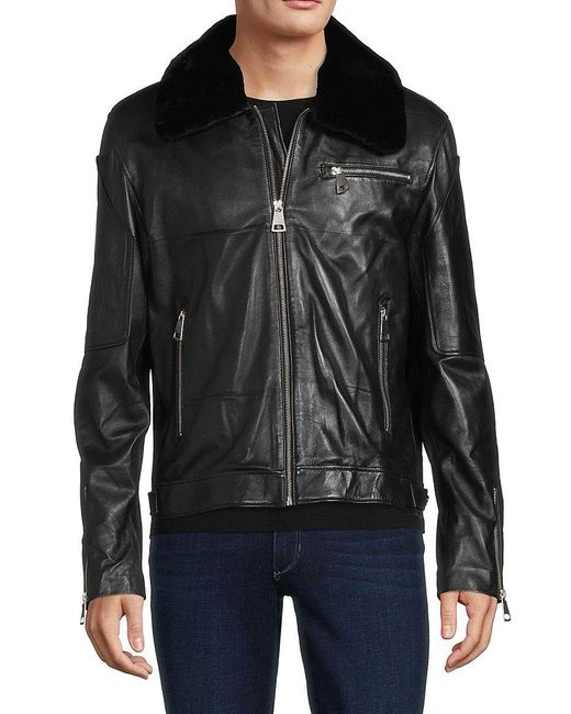 Ron Tomson Shearling Trim Leather Biker Jacket in Black for Men | Lyst