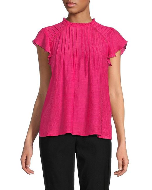 Nanette Lepore Red Solid Ruffle Pleated Top