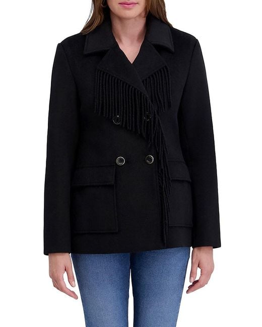 Kensie Black Fringe Wool-Blend Peacoat