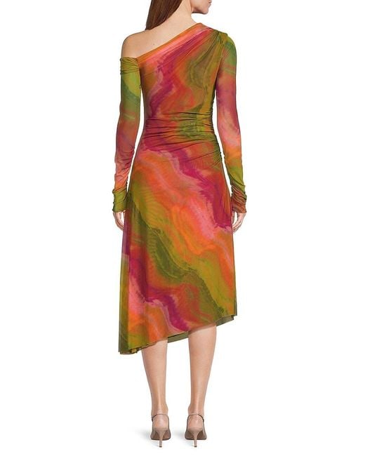 AMUR Red Drena Watercolor Mesh Midi-Dress
