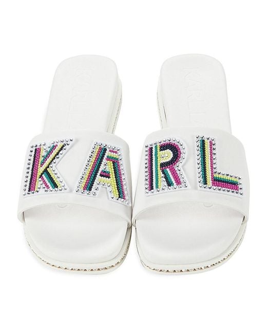 Karl Lagerfeld White Jaxine Embellished Platform Slides