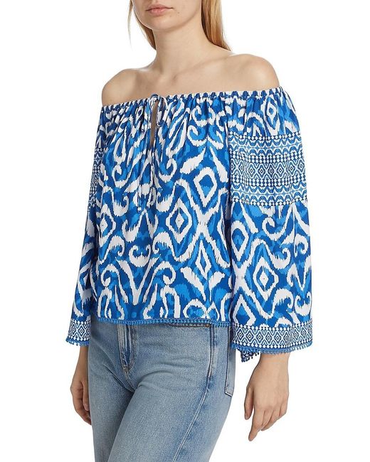 Alice + Olivia Blue Devina Ikat Off-The-Shoulder Blouse