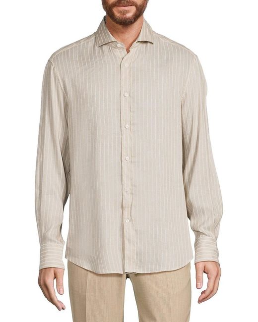 Brunello Cucinelli White Slim Fit Linen Blend Striped Shirt for men