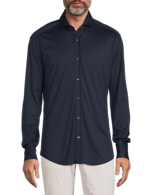Brunello Cucinelli Blue Slim Fit Silk Blend Jersey Button Down Shirt for men