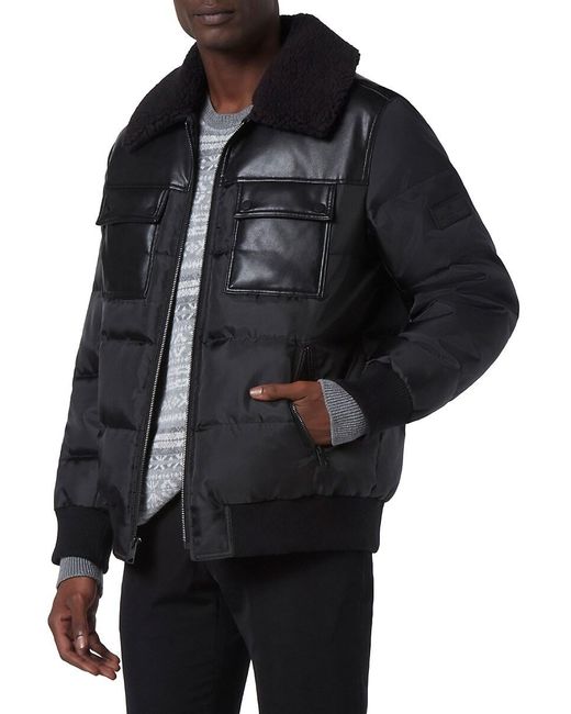 Andrew Marc Black Beaumont Faux Shearling Collar Puffer Jacket for men
