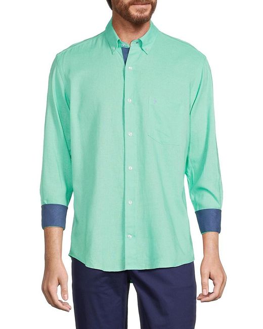 Tailorbyrd Green Linen Blend Contrast Sport Shirt for men