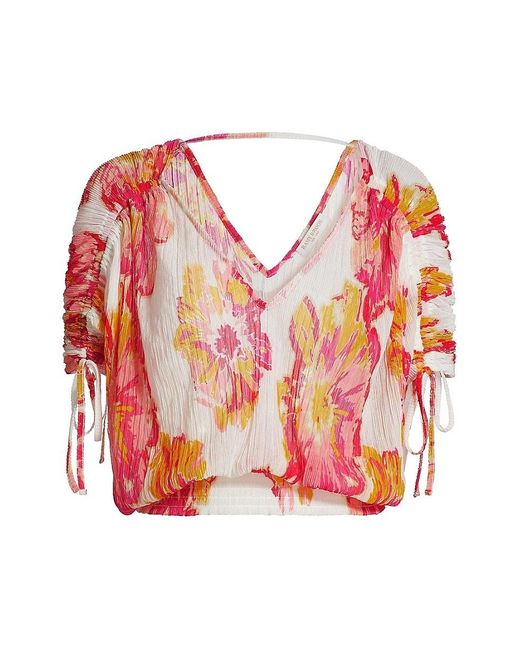 Ramy Brook Pink Frances Floral Plissé Drawstring Top