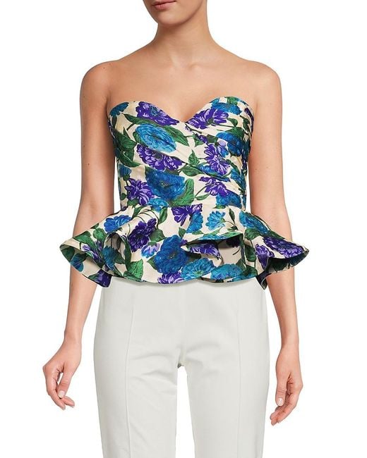 Ronny Kobo Blue Tara Floral Silk Blend Peplum Top