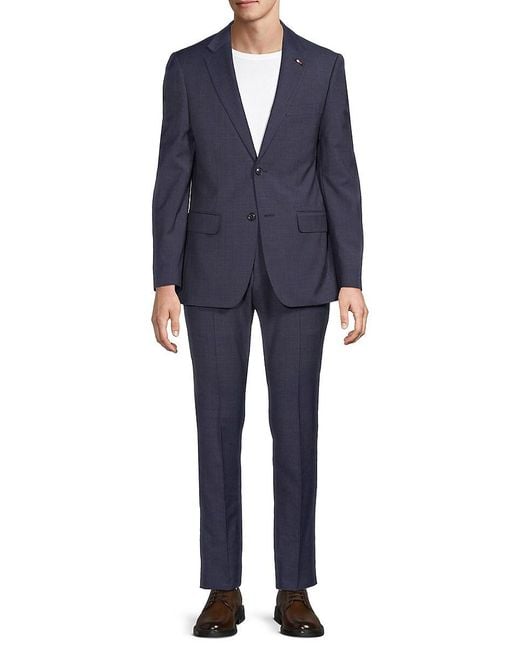 Tommy Hilfiger Blue Plaid Wool-Blend Two-Button Classic-Fit Suit for men