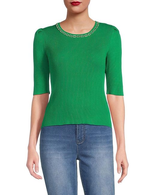 Nanette Lepore Green Jewelneck Ribbed Sweater