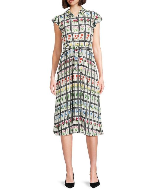 Tahari Multicolor Floral-Grid Flutter-Sleeve Midi-Dress