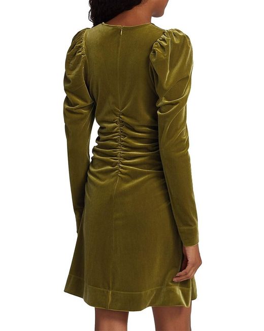 Ganni Green Ruched Puff Sleeve Velvet Mini Dress