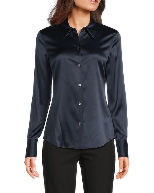 Theory Blue Silk-Blend Button-Front Shirt