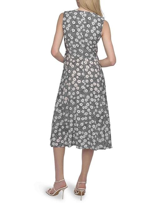 DKNY White Floral Faux Wrap Midi-Dress