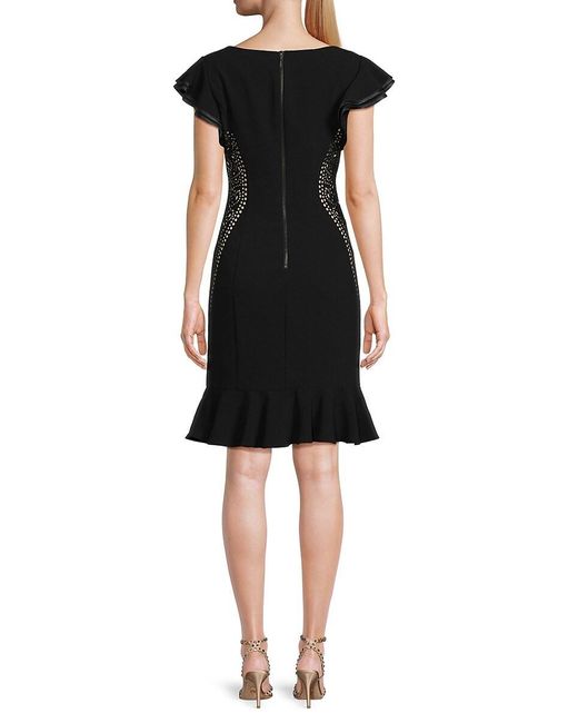 FOCUS BY SHANI Black Laser Cutout Flutter Sheath Dress