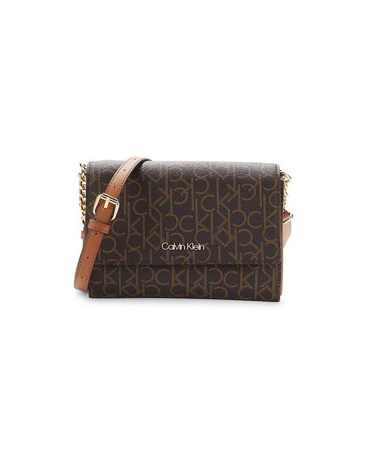 Calvin Klein Monogram Print Leather Crossbody Bag in Brown | Lyst