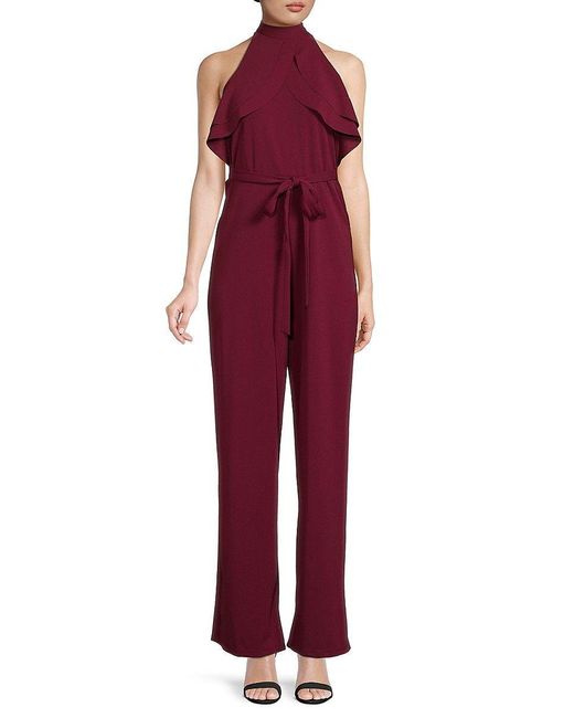 Bebe Halter Neck Ruffle Jumpsuit in Red | Lyst