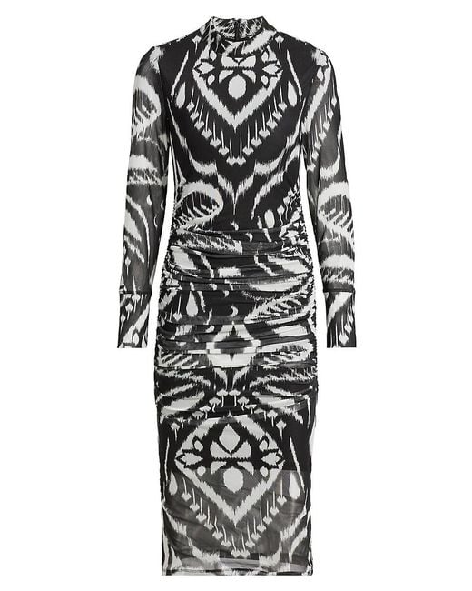Farm Rio Black Ikat Ruched Tulle Midi-dress
