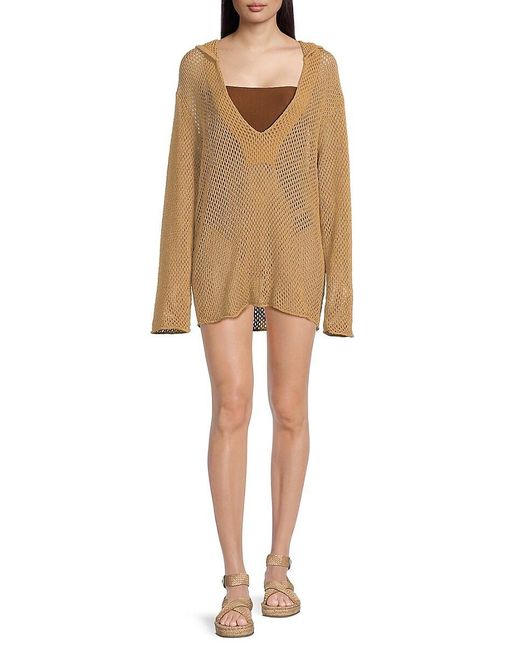 WeWoreWhat Natural Hooded Crochet Mini Cover Up Dress