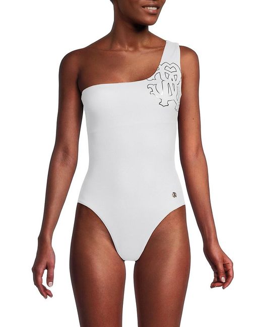Roberto Cavalli White Logo One Shoulder One-piece Swimsuit