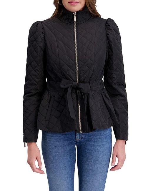 Kensie Black Puff Sleeve Quilted Belted Jacket